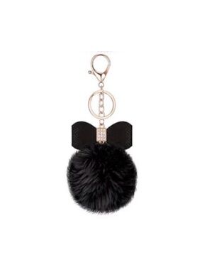 Black Fur Pom Pom Keychain with Bow Accent